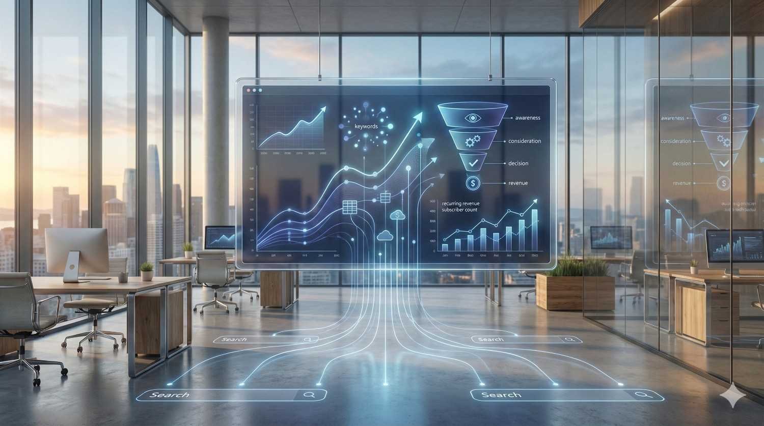 A modern open office with city views features a large holographic SEO dashboard showing traffic trends, keyword growth, and conversion funnels, with glowing data streams flowing across the floor toward search bars, symbolizing advanced analytics and digital marketing strategy.