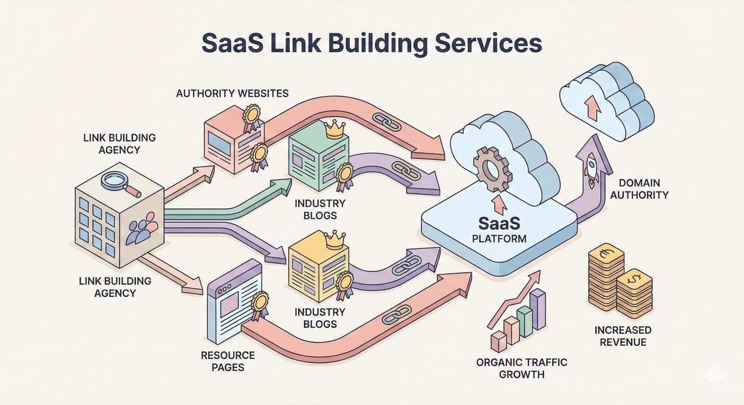 An infographic titled “SaaS Link Building Services” showing link-building agencies securing backlinks from authority sites, industry blogs, and resource pages to a SaaS platform, leading to higher domain authority, organic traffic growth, and increased revenue through interconnected arrows and icons.