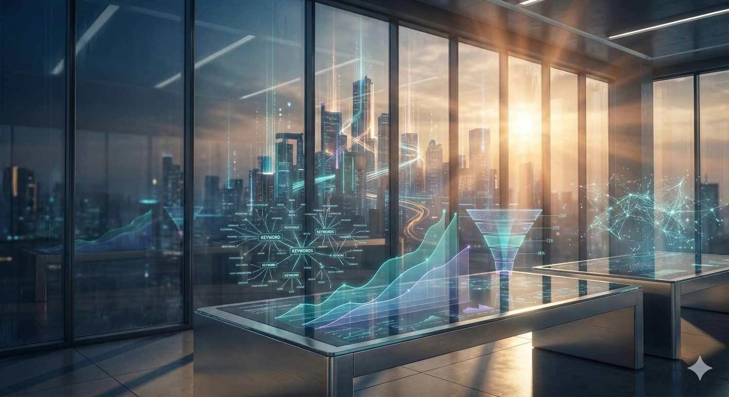 A modern glass office overlooking a city skyline at sunrise features holographic SEO analytics, traffic growth charts, funnel diagrams, and network maps displayed on sleek tables, symbolizing data-driven digital marketing strategy and search optimization insights.