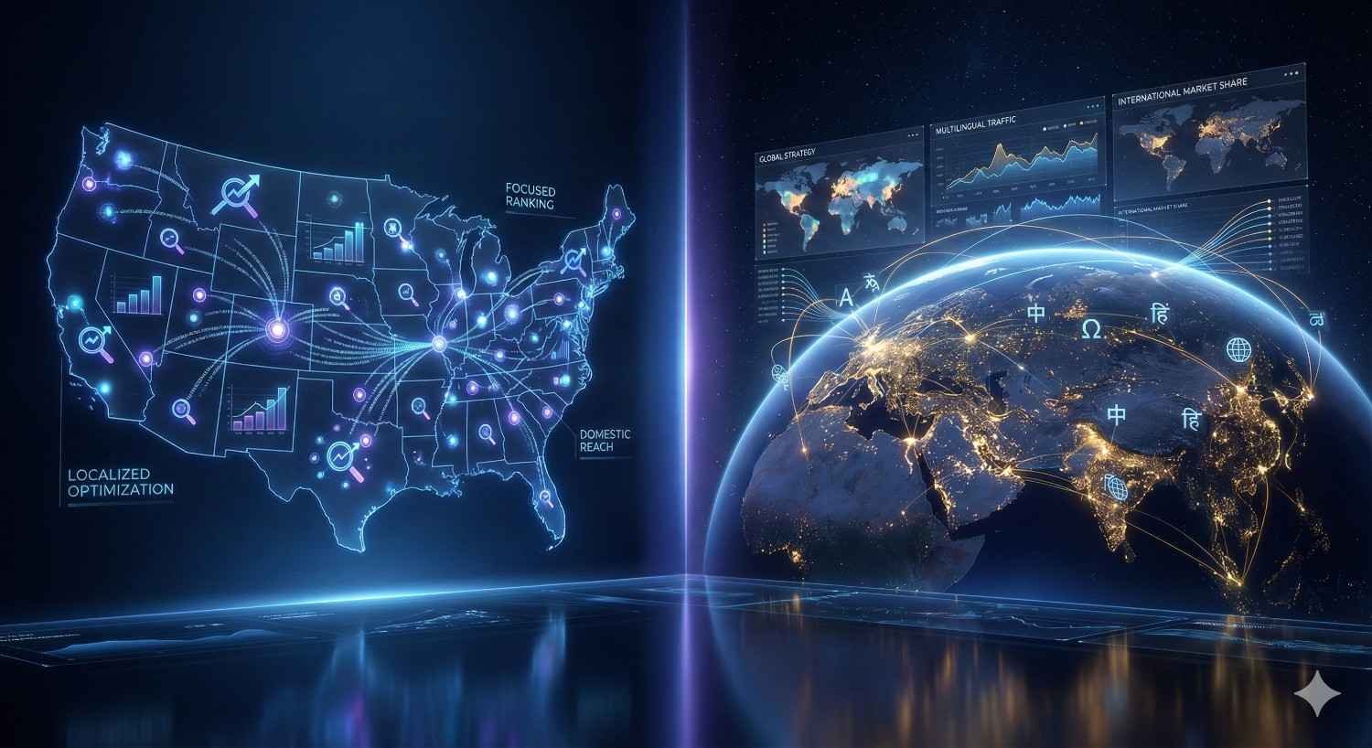 A split-screen digital scene showing a glowing U.S. map with location pins, search bars, and analytics icons on the left, and a view of Earth with global search interfaces, language symbols, and traffic charts on the right, illustrating national versus international SEO and worldwide expansion.