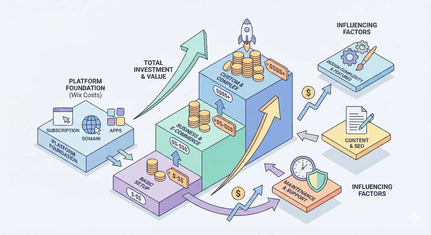 An isometric infographic shows Wix platform costs rising from basic setup to business ecommerce and custom complexity, with stacked coins and arrows indicating total investment, alongside influencing factors like design features, content and SEO, and ongoing maintenance and support.