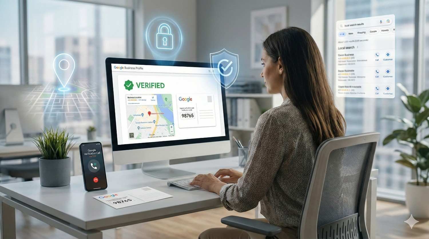 A professional working at a desk reviews a verified Google Business Profile on a desktop computer, showing a map location, verification badge, and security icons, with a phone and local search results nearby, representing business verification, trust, and improved local search visibility.