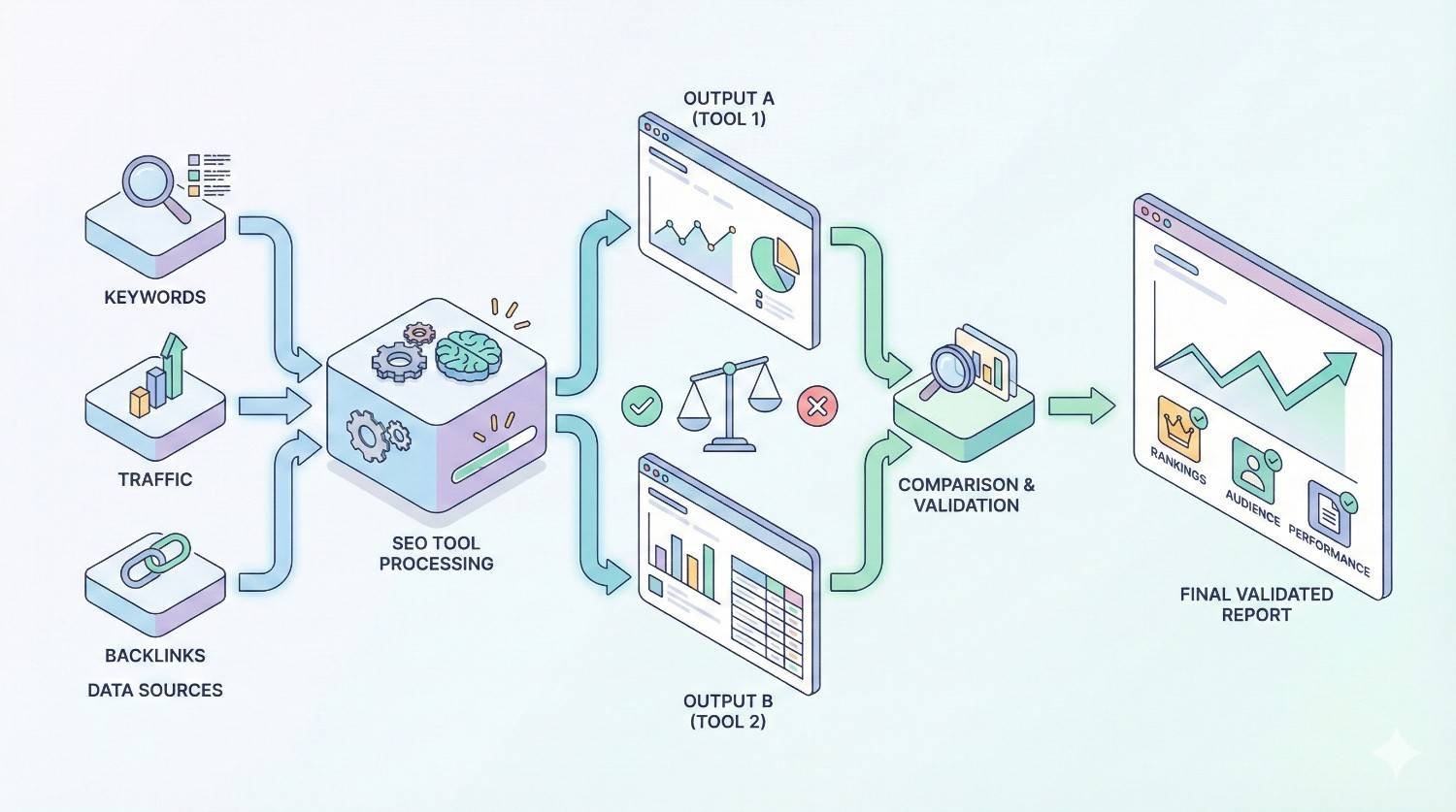 A diagram shows SEO data sources—keywords, traffic, and backlinks—feeding into tool processing, producing two outputs that are compared and validated, then combined into a final report displaying rankings, audience insights, and performance trends with upward charts.