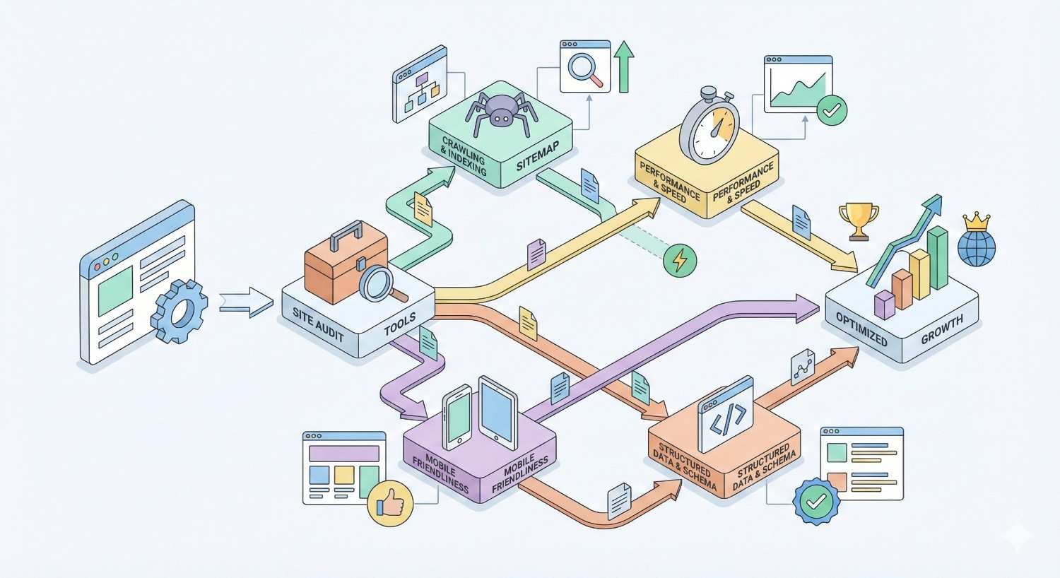 Isometric SEO workflow showing site audit tools branching into crawling and sitemaps, performance speed, mobile friendliness, and structured data, all feeding into optimized growth with charts, trophies, and upward arrows.