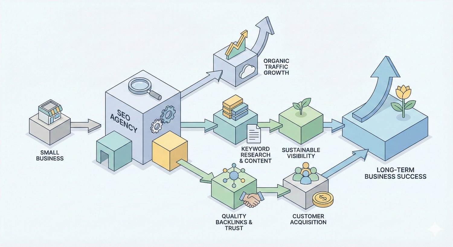 Isometric workflow showing a small business working with an SEO agency to drive organic traffic growth through keyword research, quality backlinks, customer acquisition, and sustainable visibility, ultimately leading to long-term business success illustrated with arrows, charts, handshake, plant, and upward growth icons.