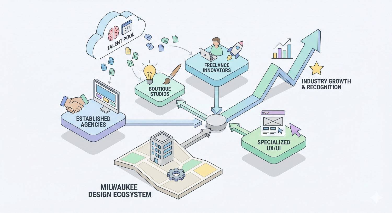 An isometric diagram labeled “Milwaukee Design Ecosystem” shows established agencies, boutique studios, freelance innovators, specialized UX/UI teams, and a shared talent pool connected by arrows, leading upward to industry growth and recognition, illustrated with buildings, charts, icons, and creative tools.
