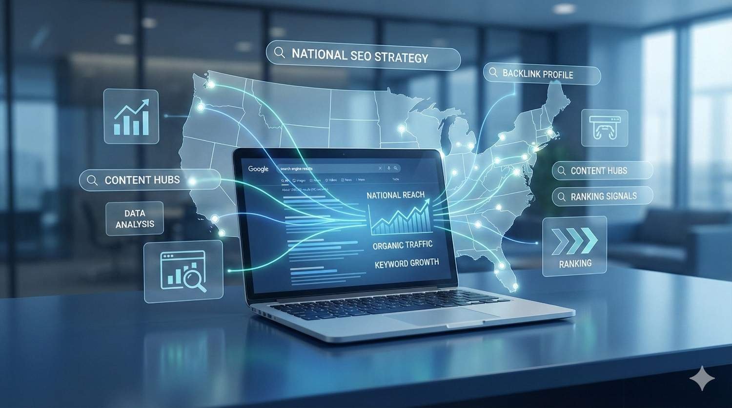 A futuristic office scene with a laptop projecting a glowing U.S. map and floating labels like “National SEO Strategy,” “Backlink Profile,” “Content Hubs,” and “Ranking Signals,” plus analytics charts on the screen, illustrating nationwide organic traffic growth and data-driven search optimization.