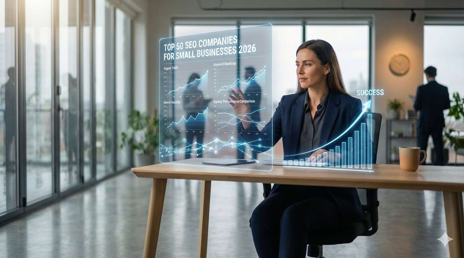 A business professional in a modern office interacts with a transparent holographic dashboard labeled “Top 50 SEO Companies for Small Businesses 2026,” showing performance charts and rising graphs, while a glowing upward arrow marked “Success” appears beside the desk, suggesting data-driven growth and analytics.