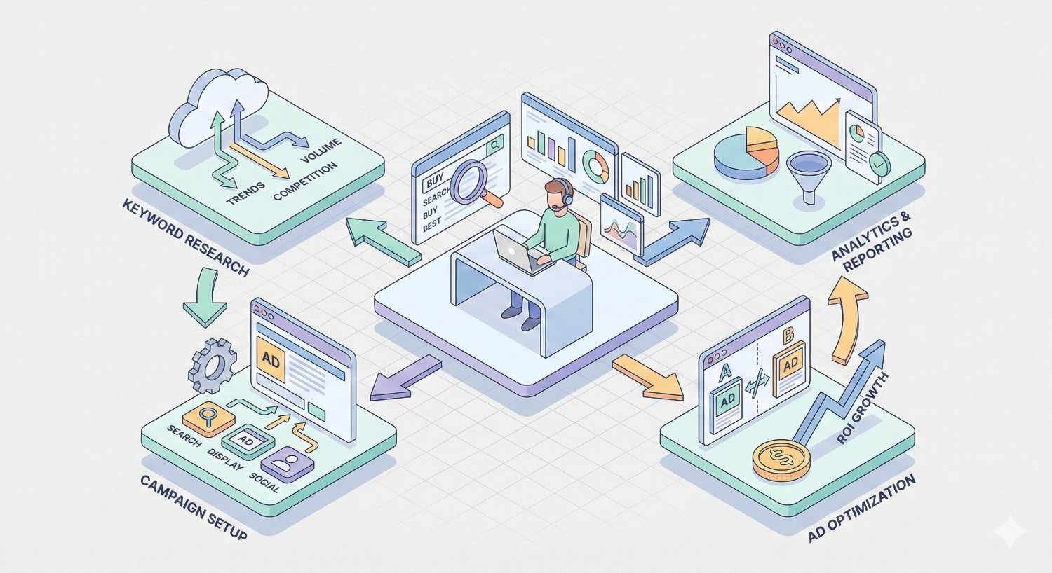 Isometric infographic showing PPC management cycle: keyword research, campaign setup across search and social, ad optimization for ROI growth, and analytics reporting, all connected around a marketer monitoring dashboards with charts, funnels, and performance graphs.