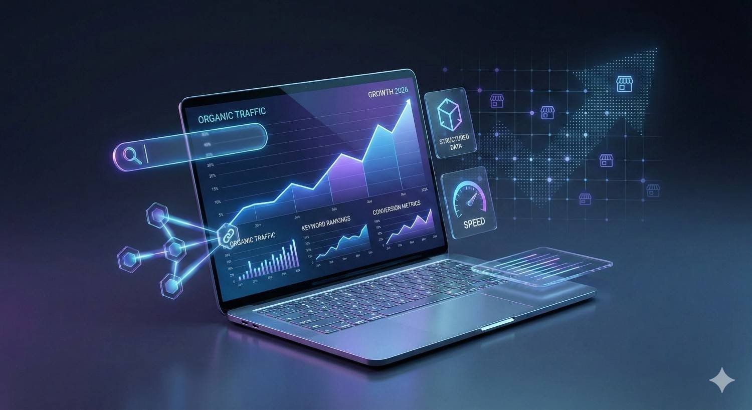 Laptop with holographic SEO dashboards showing organic traffic growth, keyword rankings, conversion metrics, speed indicators, structured data icons, and a global store network map glowing in a dark, futuristic digital environment.
