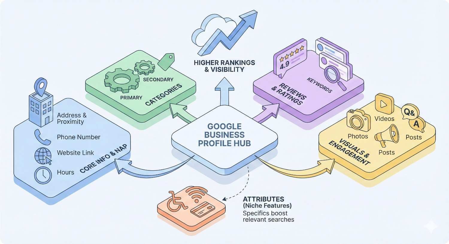 Isometric diagram showing a Google Business Profile hub connected to categories, core NAP info, reviews and ratings, visuals and engagement, and niche attributes, with arrows leading upward to higher rankings and visibility, illustrating how profile optimization improves local search performance.