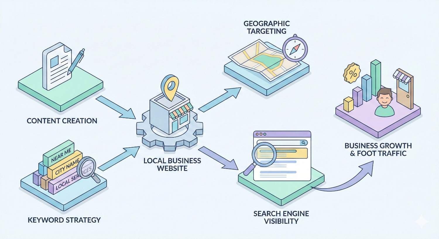 Diagram illustrating local SEO flow: content creation and keyword strategy feed a local business website, supported by geographic targeting and search engine visibility, leading to increased business growth and foot traffic, shown with charts, storefront icons, and directional arrows connecting each stage.