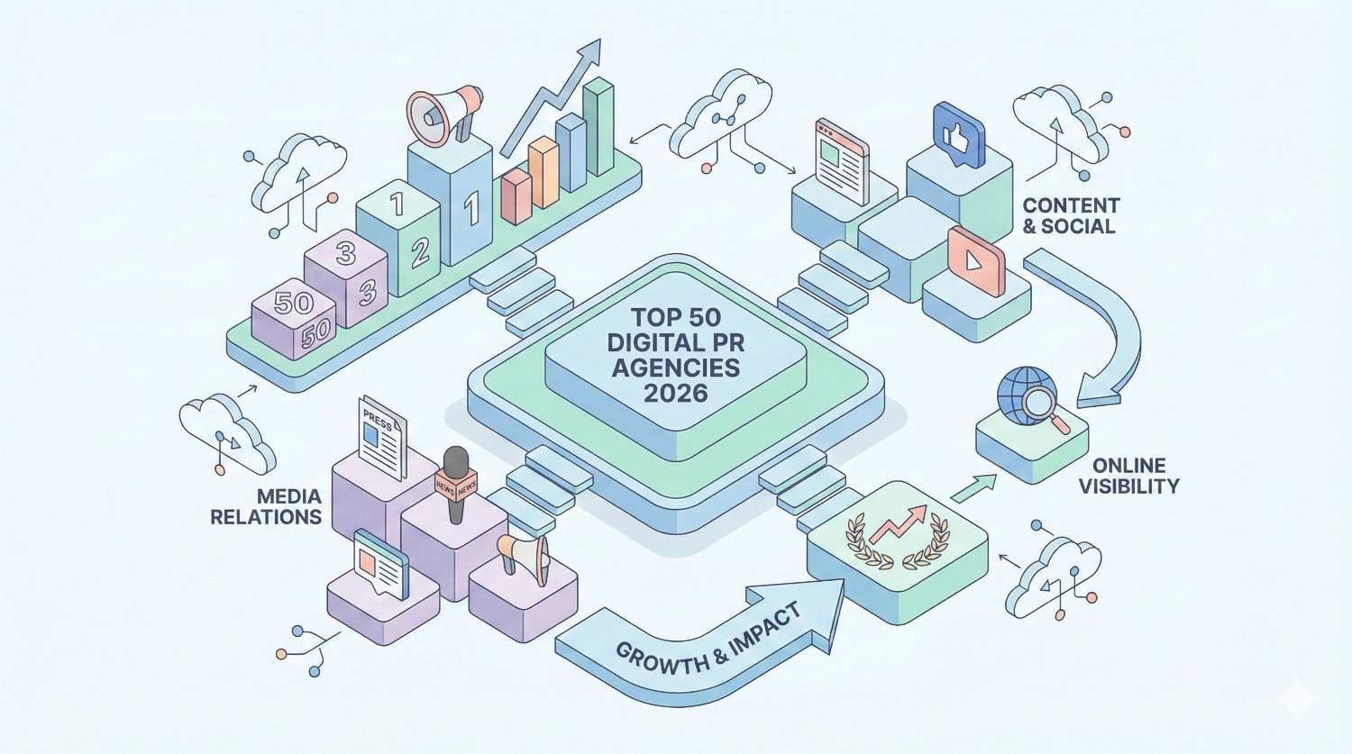 An isometric illustration centers on “Top 50 Digital PR Agencies 2026,” surrounded by charts, ranking blocks, megaphones, media relations, content and social icons, online visibility, and growth arrows, showing how PR performance, publicity, and impact connect across platforms.