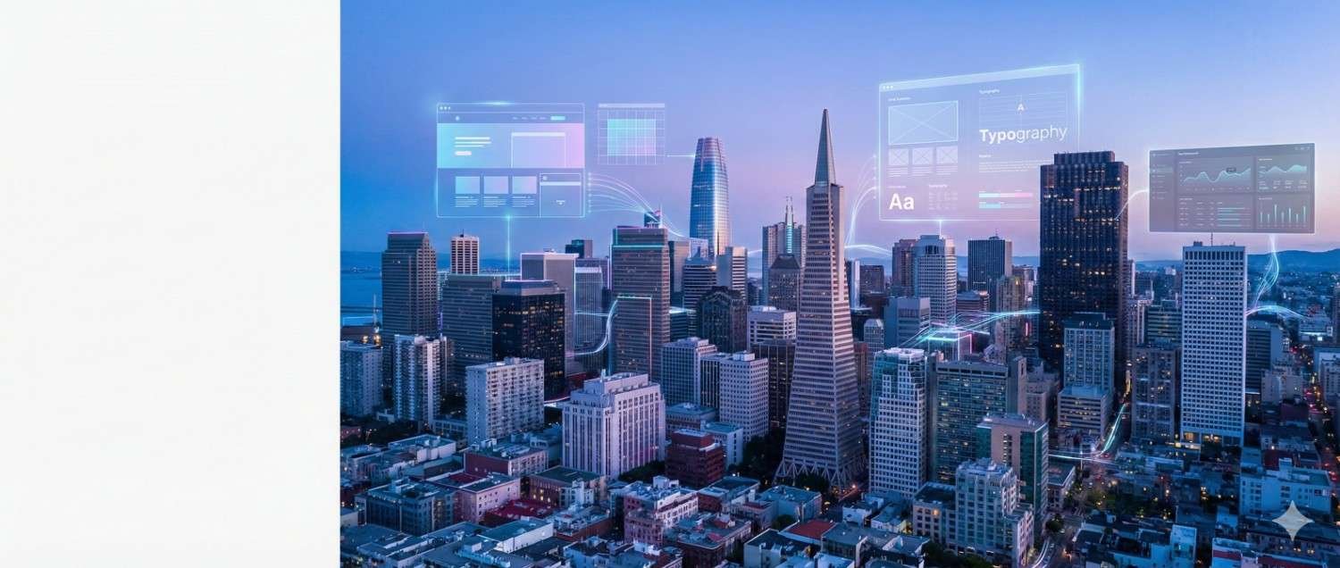 A twilight city skyline with skyscrapers overlaid by glowing digital interface panels showing website layouts, typography, charts, and data streams, suggesting futuristic web design, analytics, and smart-city connectivity across an urban landscape.