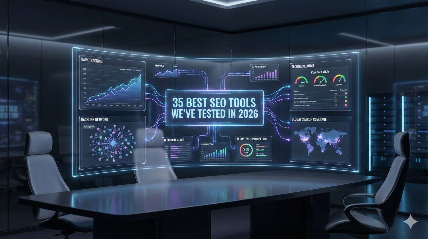 A futuristic conference room with large curved digital dashboards displaying SEO analytics, including rank tracking, backlink networks, technical audits, global search coverage, and performance charts, centered around the headline “35 Best SEO Tools We’ve Tested in 2026,” suggesting data-driven evaluation and strategy.