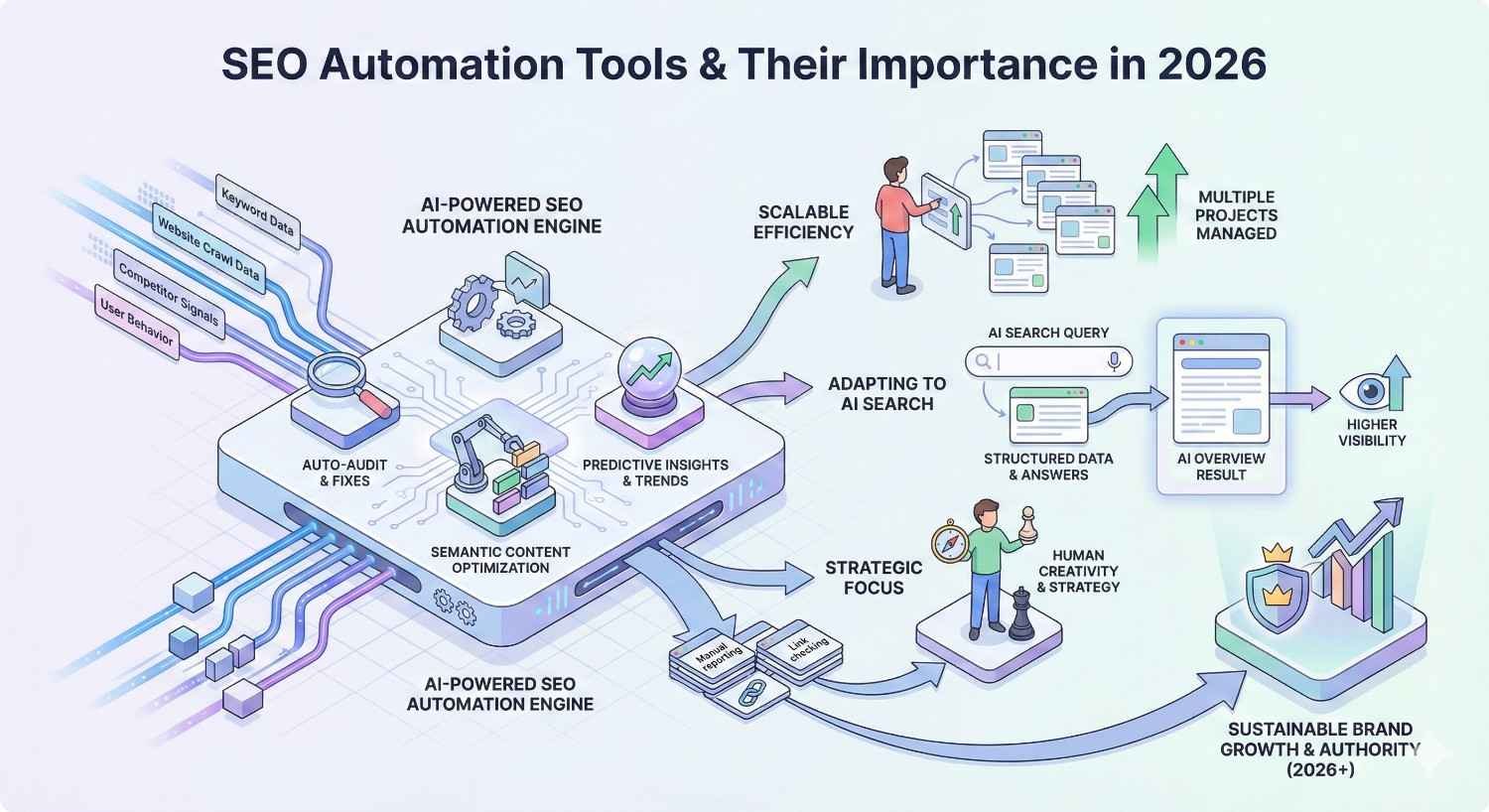 An infographic titled “SEO Automation Tools & Their Importance in 2026” showing an AI-powered engine processing data streams for audits, content optimization, and predictions, leading to scalable efficiency, AI search adaptation, higher visibility, multiple project management, and sustainable brand growth.