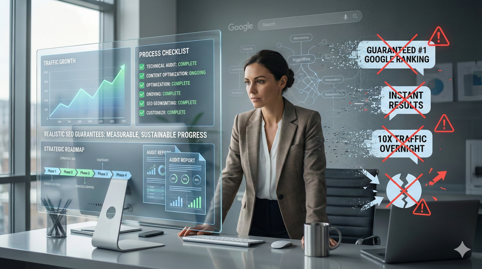Businesswoman in a modern office reviews transparent SEO dashboards showing traffic growth and process checklists, while warning symbols reject “guaranteed #1 ranking,” “instant results,” and “10x traffic overnight,” emphasizing realistic, sustainable search optimization strategies.