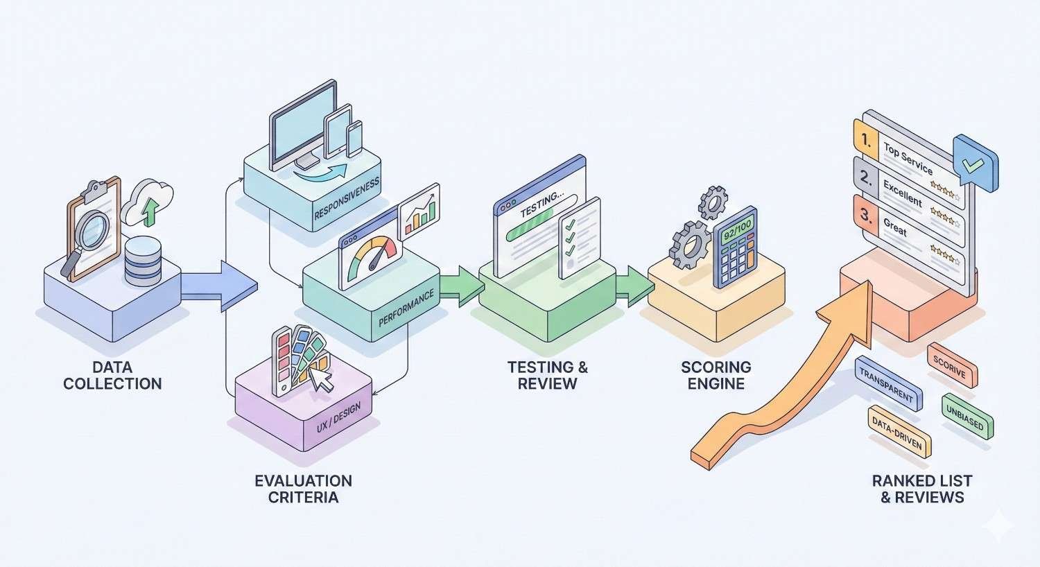 A process infographic showing data collection flowing into evaluation criteria like responsiveness, performance, and UX, followed by testing and review, a scoring engine, and finally a ranked list with reviews labeled transparent, unbiased, and data-driven.