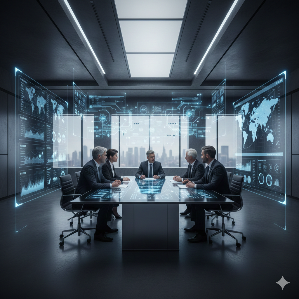 Executive leadership team meeting in a futuristic boardroom, surrounded by transparent digital dashboards showing global analytics, performance metrics, and data visualizations, representing enterprise-level SEO strategy, data-driven decision-making, and high-level business intelligence planning.