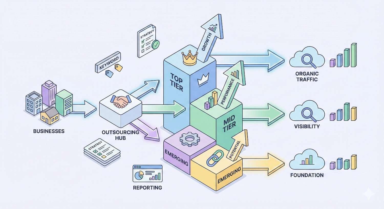 An illustration shows businesses sending work to an outsourcing hub that feeds top-tier, mid-tier, and emerging SEO services, leading to growth, performance, and potential gains, with arrows pointing toward organic traffic, visibility, and foundational results charts.