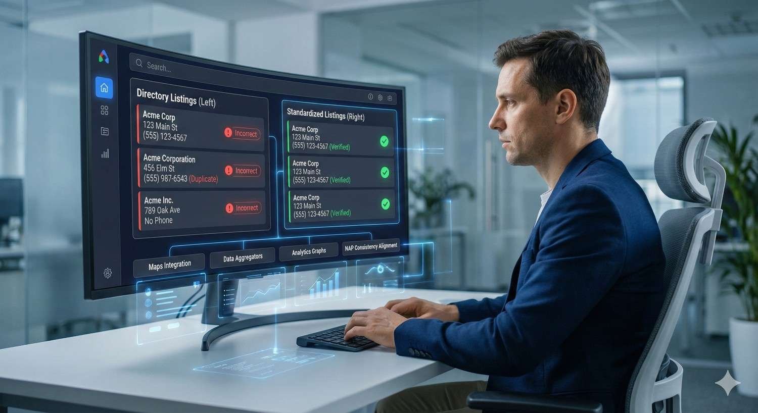 A professional working at a desk reviews a large monitor showing business directory listings, comparing incorrect and duplicate entries with verified, standardized listings, illustrating data cleanup, NAP consistency, and citation management for improved local search accuracy.