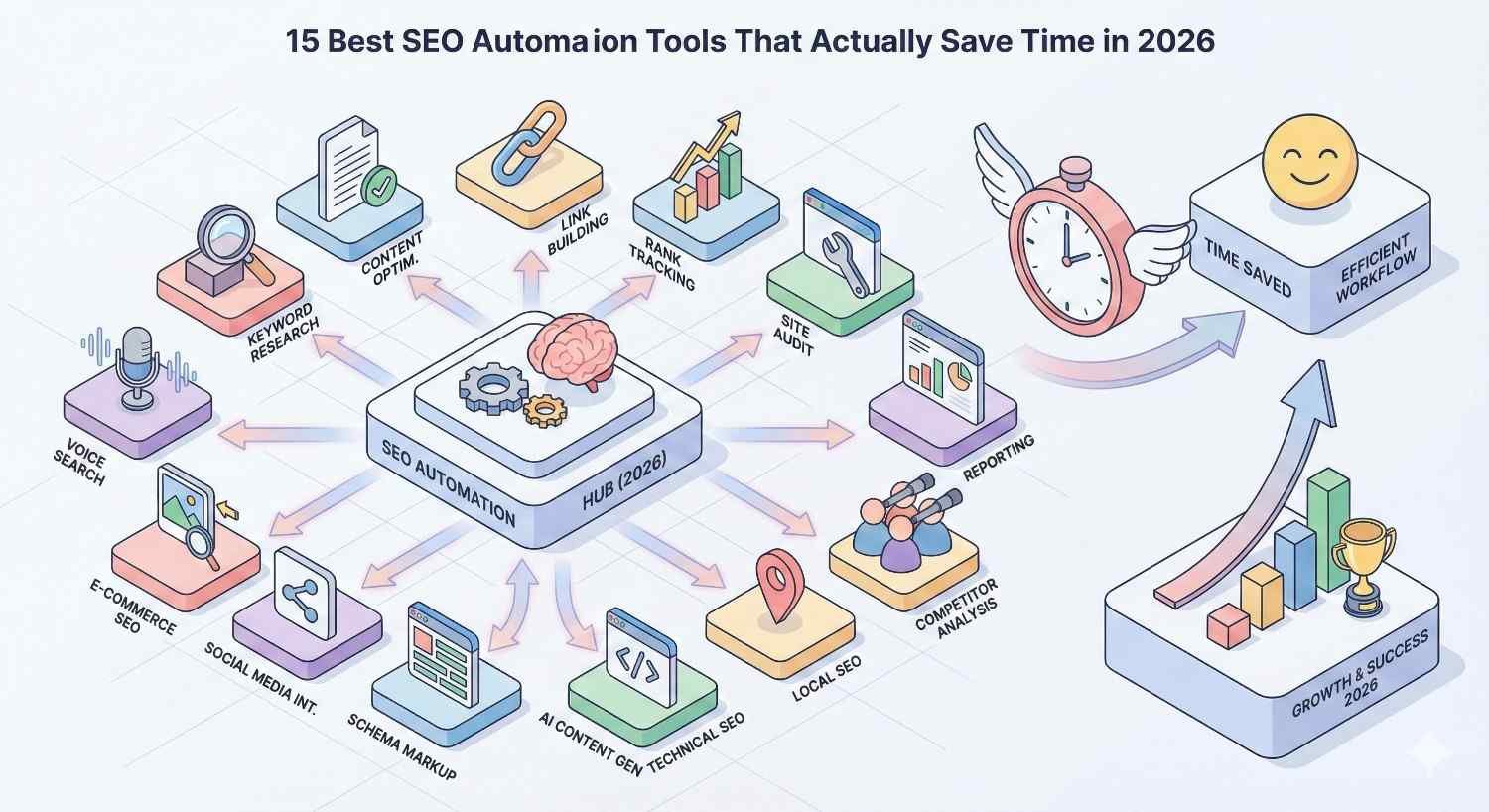 An infographic titled “15 Best SEO Automation Tools That Actually Save Time in 2026” showing a central SEO hub connected to features like keyword research, link building, audits, reporting, local SEO, AI content, and rank tracking, leading to time saved, efficient workflows, and growth.