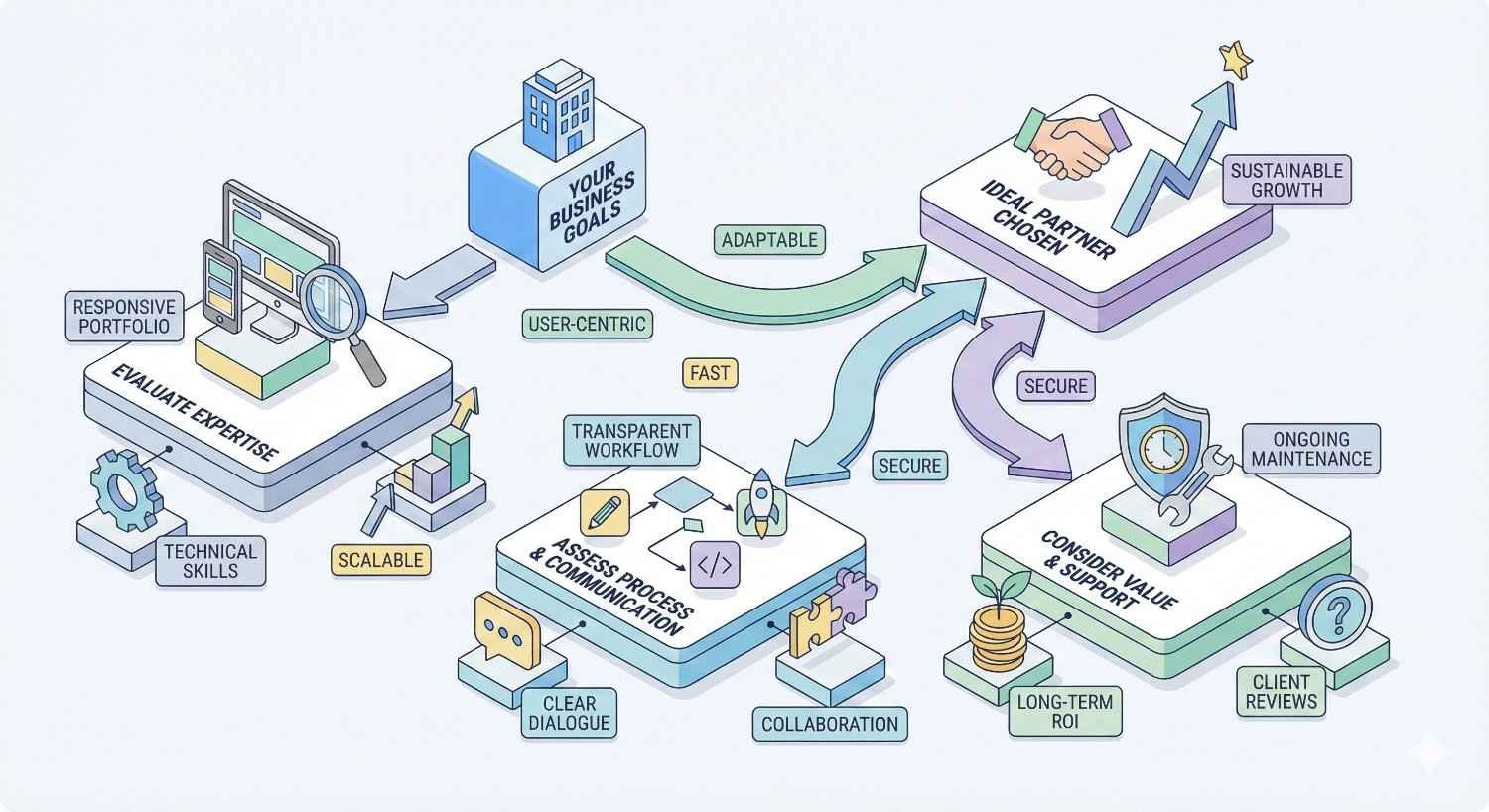 An infographic showing how business goals connect through adaptable, user-centric, secure workflows to choosing an ideal web partner, highlighting evaluation of expertise, transparent processes, collaboration, scalability, long-term ROI, client reviews, ongoing maintenance, and sustainable growth.