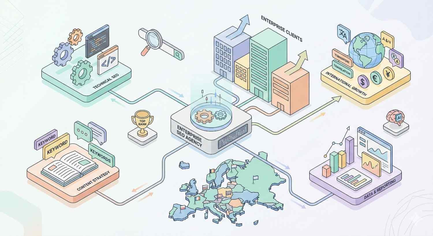 Isometric graphic of an enterprise SEO agency connected to technical SEO, content strategy, data reporting, enterprise clients, and international growth, centered over a map of Europe with arrows, analytics charts, keywords, gears, and ranking icons showing global operations.