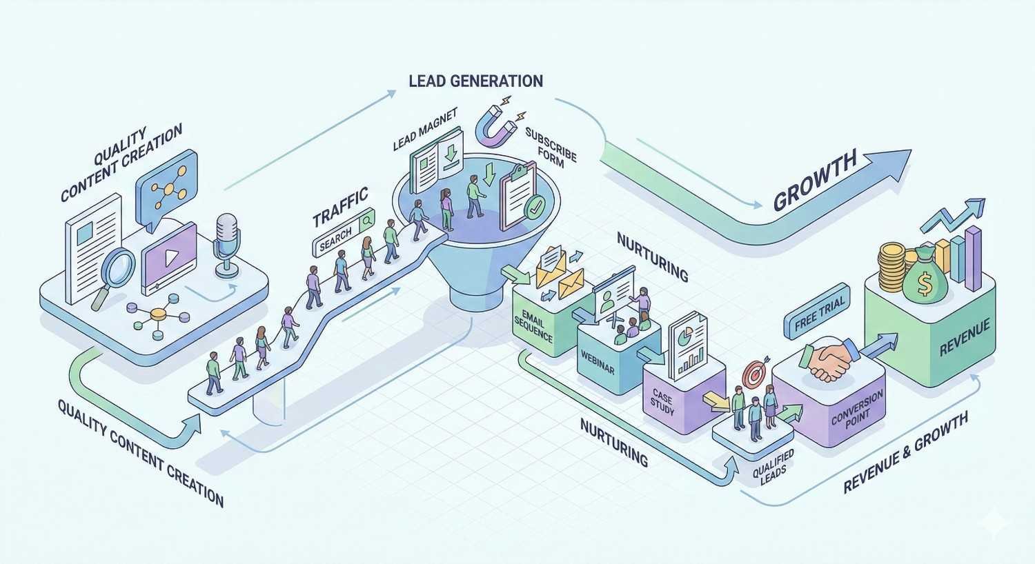 Infographic showing content marketing funnel: quality content creation drives traffic into lead generation with magnets and signup forms, then nurturing via emails, webinars, and case studies, producing qualified leads, conversions, free trials, revenue, and overall business growth with rising arrows and charts.