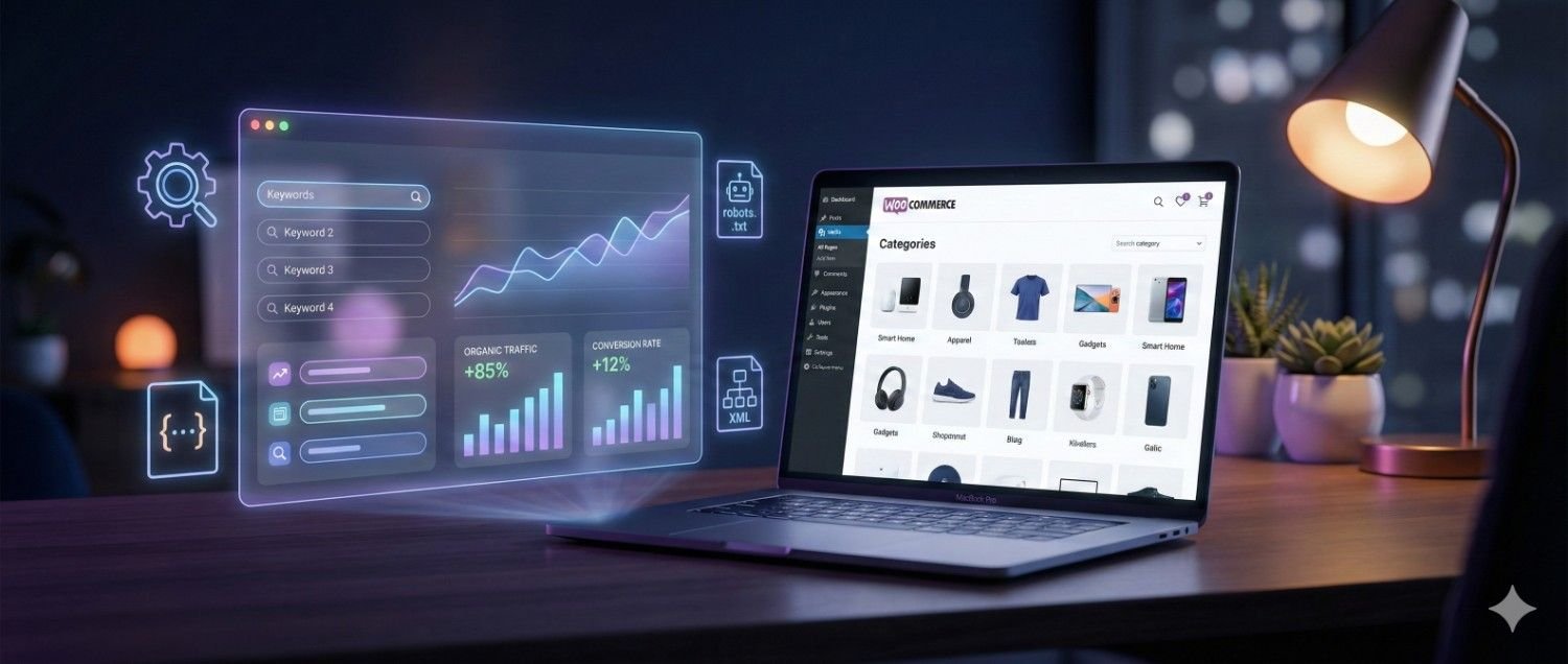 A laptop on a desk displays an ecommerce store while a holographic SEO dashboard shows keyword lists, rising traffic graphs, conversion metrics, and technical icons, symbolizing data-driven optimization and online sales growth in a modern workspace.