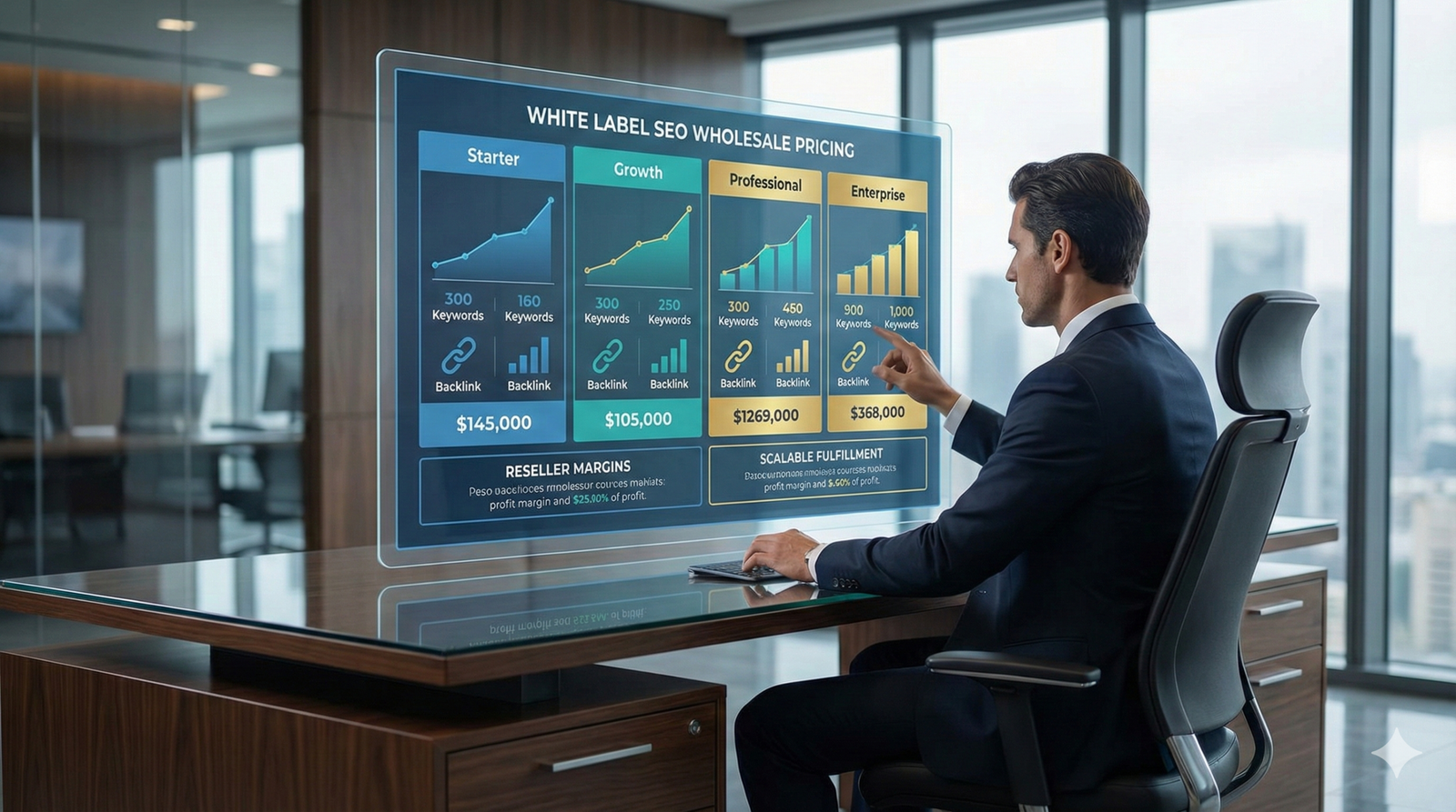Business professional reviewing a white label SEO wholesale pricing dashboard, comparing starter, growth, professional, and enterprise plans with keywords, backlinks, and reseller margins, representing scalable SEO packages, pricing strategy, and agency-focused search engine optimization services.