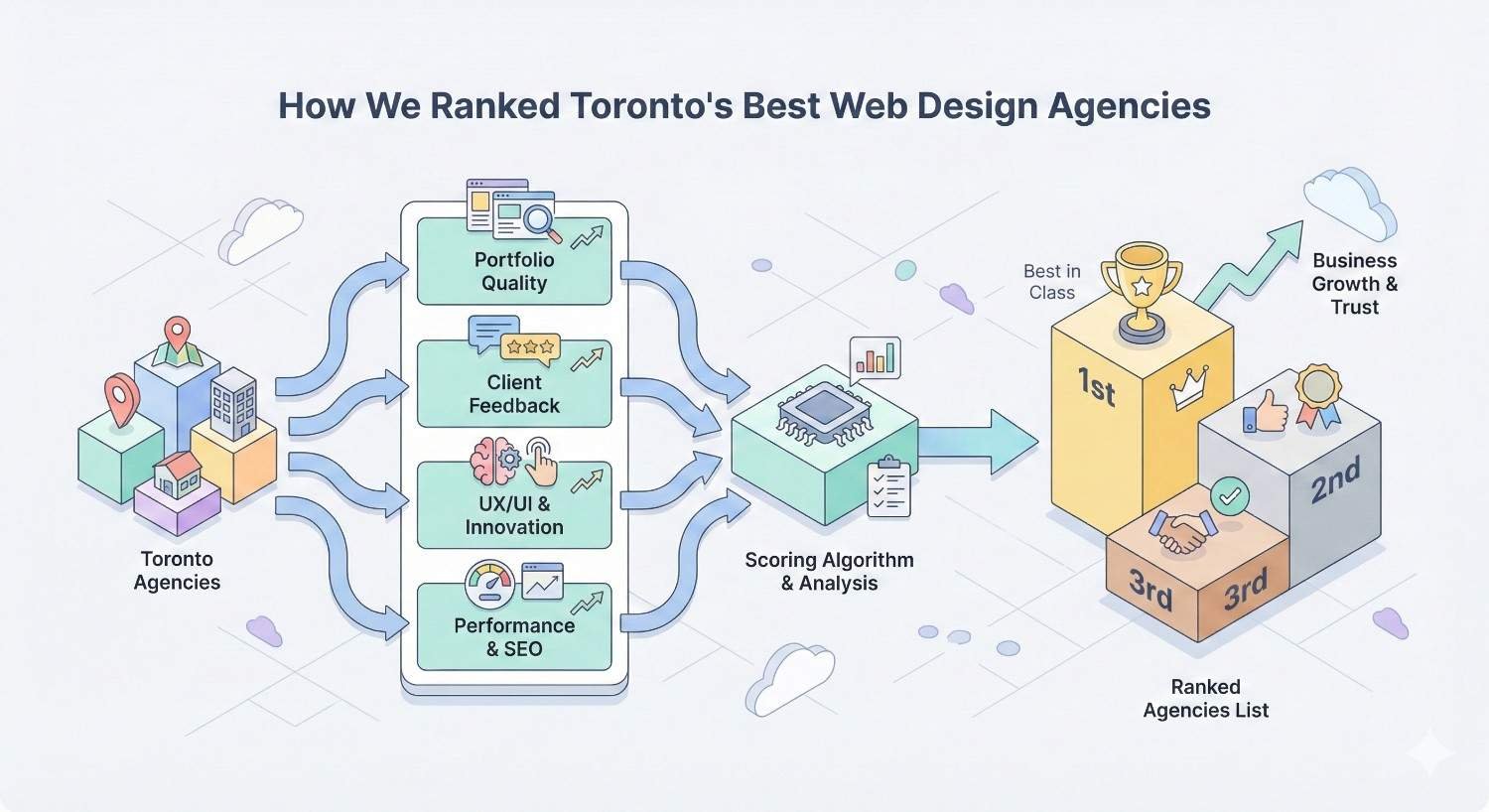 Isometric infographic titled “How We Ranked Toronto’s Best Web Design Agencies,” showing agency data flowing through portfolio quality, client feedback, UX/UI innovation, and performance and SEO into a scoring algorithm, producing a podium with first, second, and third ranked winners and growth icons.