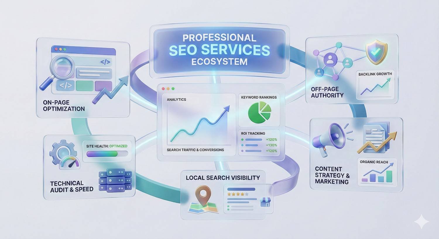 Illustration titled “Professional SEO Services Ecosystem” showing interconnected panels for on-page optimization, technical audit and speed, analytics, keyword rankings, off-page authority, content strategy, and local search visibility, with charts, shields, links, megaphone, maps, and growth arrows.