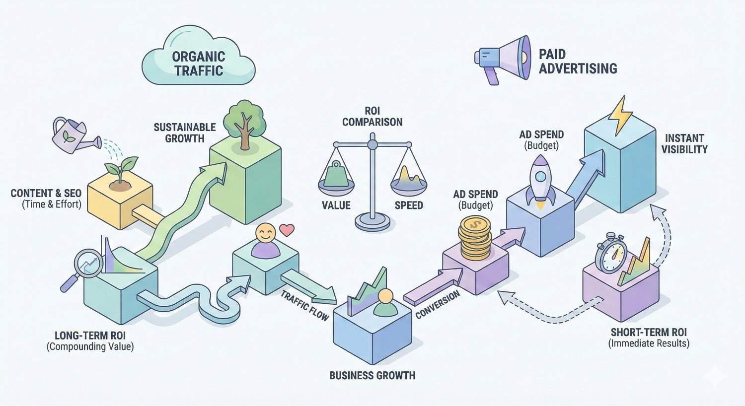 Illustration comparing organic traffic and paid advertising, showing sustainable SEO growth versus instant ad visibility, ROI scales, traffic flow, conversions, business growth, budget spend, and short-term versus long-term returns.