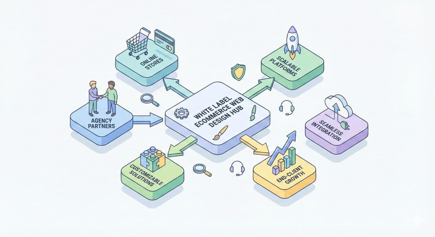 An infographic centered on a “White Label Ecommerce Web Design Hub” connected to agency partners, online stores, customizable solutions, scalable platforms, seamless integration, and end-client growth, shown with arrows, icons, and soft pastel 3D blocks on a light background.