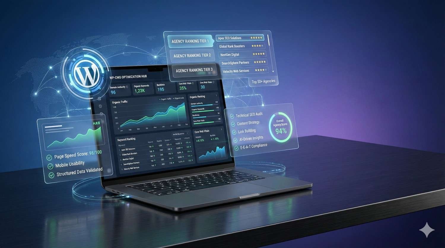 A laptop displays a futuristic WordPress SEO analytics dashboard with ranking tiers, traffic graphs, page speed score, mobile usability, structured data status, and agency ratings, surrounded by glowing holographic panels and digital network lines on a dark desk background.