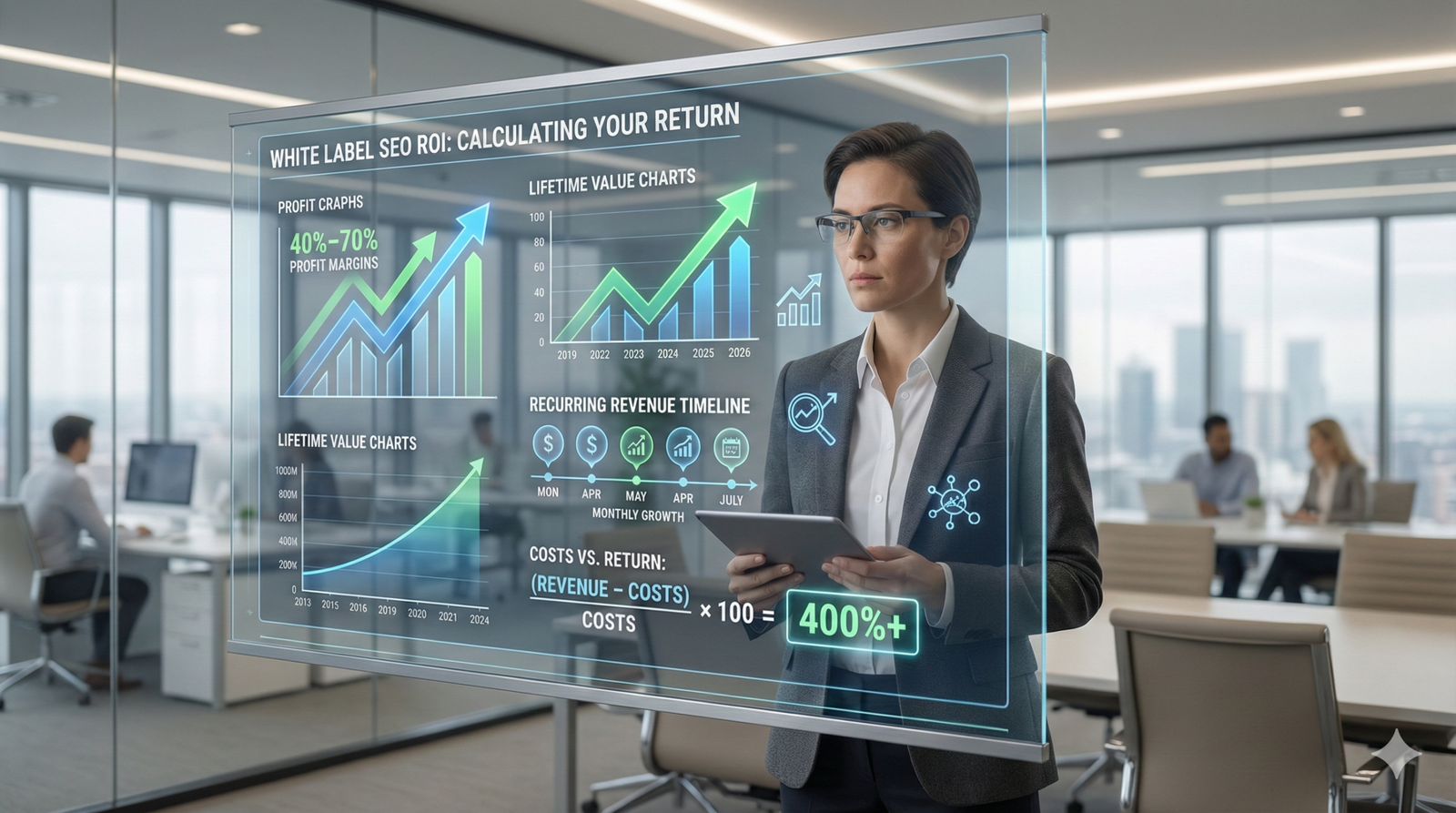 Marketing professional analyzing a white label SEO ROI dashboard, displaying profit graphs, lifetime value charts, recurring revenue timelines, and return calculations, representing data-driven ROI measurement, performance analysis, and financial planning for scalable white label SEO services.