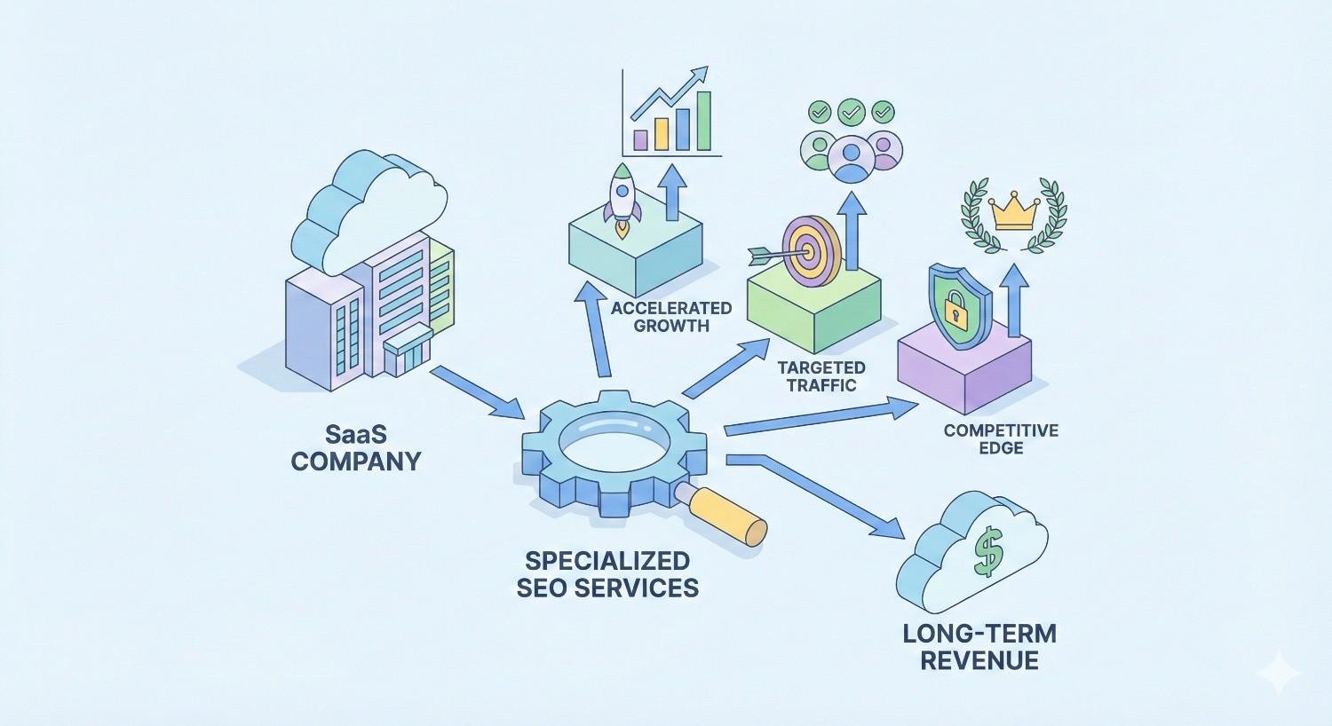 Illustration of a SaaS company connected to specialized SEO services, leading to accelerated growth, targeted traffic, competitive advantage, and long-term revenue, shown with arrows, charts, customer icons, shields, and money symbols.