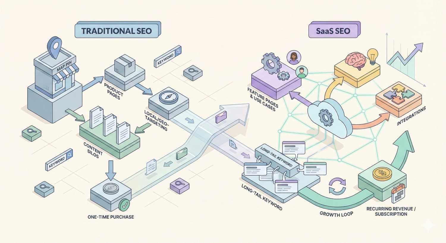 Side-by-side illustration comparing traditional SEO with SaaS SEO, showing storefront pages and one-time purchases versus feature pages, integrations, long-tail keywords, growth loops, subscriptions, and recurring revenue paths.