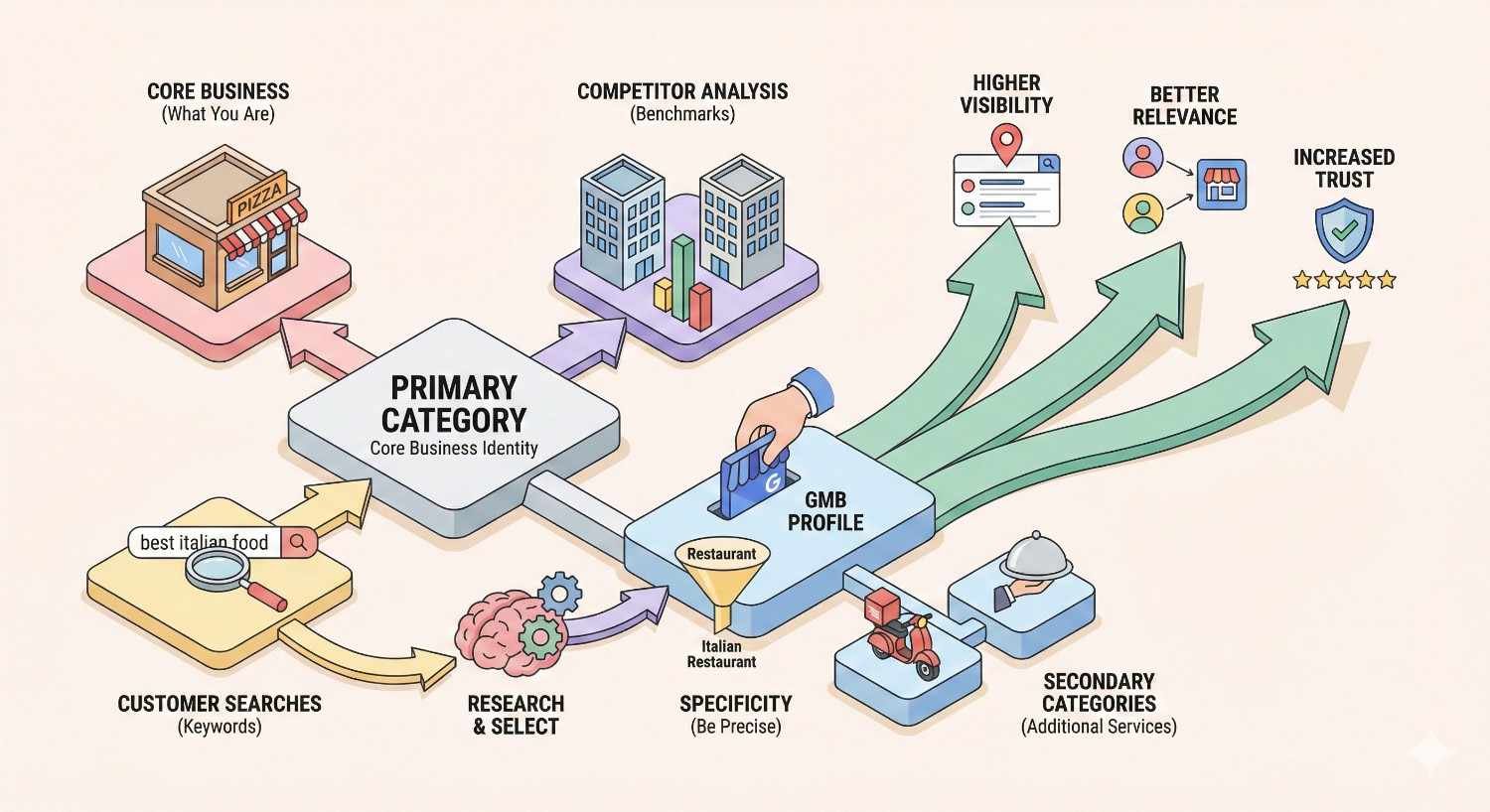 Isometric infographic showing how choosing a primary business category from core identity, competitor analysis, and customer searches feeds a GMB profile, with secondary categories added, leading to higher visibility, better relevance, increased trust, and improved local search rankings.