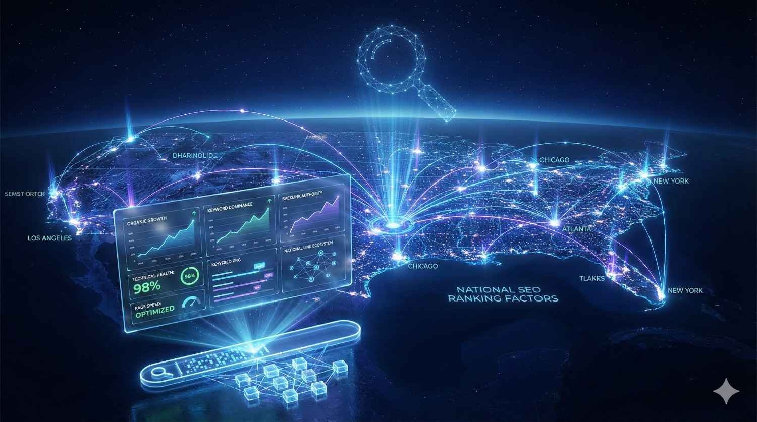 A futuristic world map glows with connected city nodes and data arcs, showing SEO dashboards, search icons, and performance charts labeled national ranking factors, traffic growth, backlinks, and optimization across major U.S. cities in a dark, high-tech space setting.