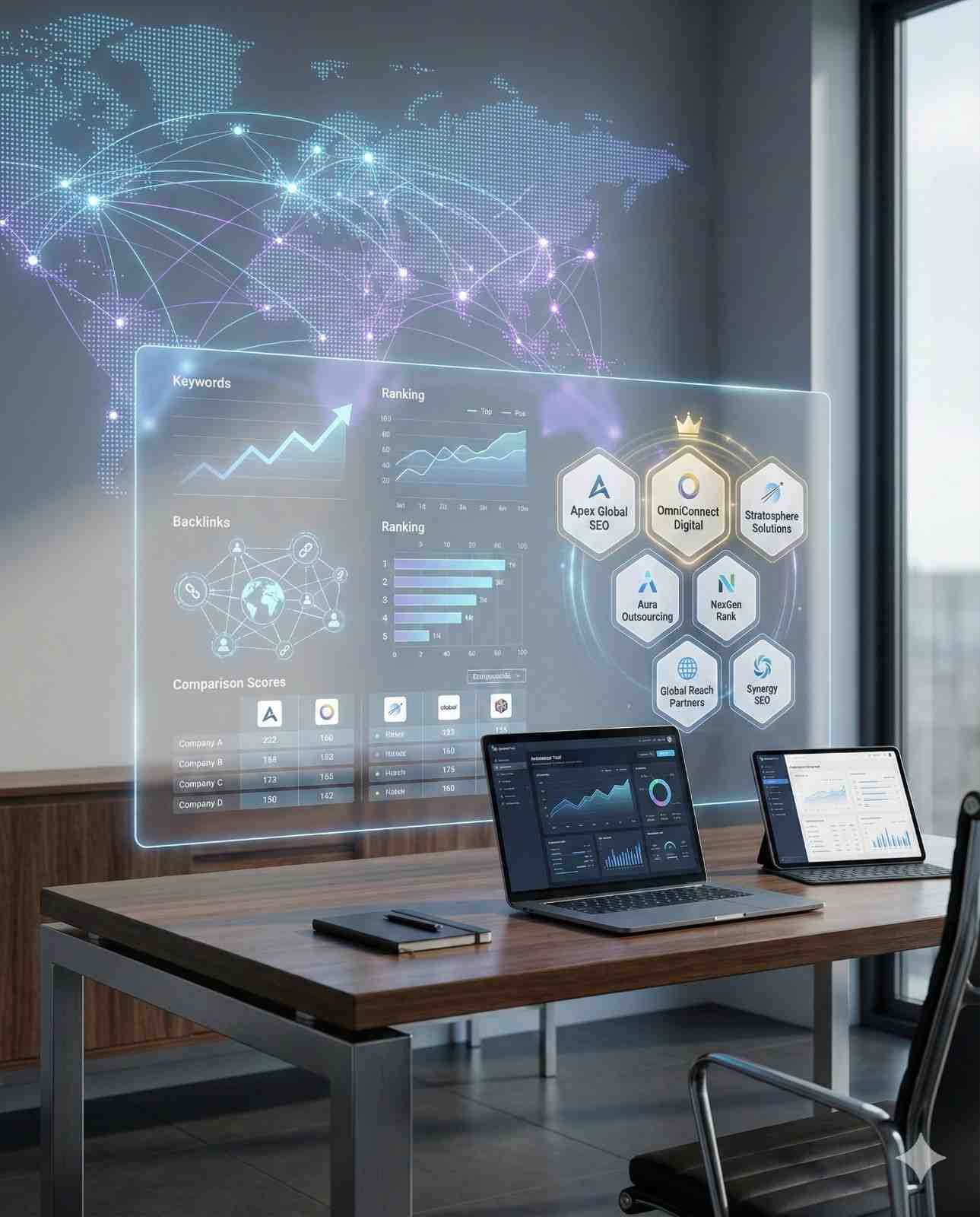 A modern office desk with laptops faces a transparent holographic SEO dashboard showing global keyword maps, rankings, backlinks, comparison scores, and top agency badges, while glowing world connections float on the wall behind, representing enterprise search analytics and competitive research.