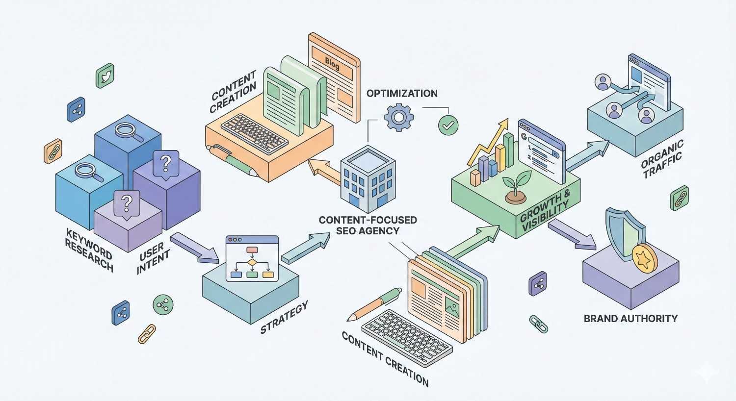 An infographic shows a content-focused SEO agency workflow, moving from keyword research and user intent to strategy, content creation, optimization, growth and visibility, organic traffic, and brand authority, illustrated with laptops, charts, arrows, shields, and rising graphs.