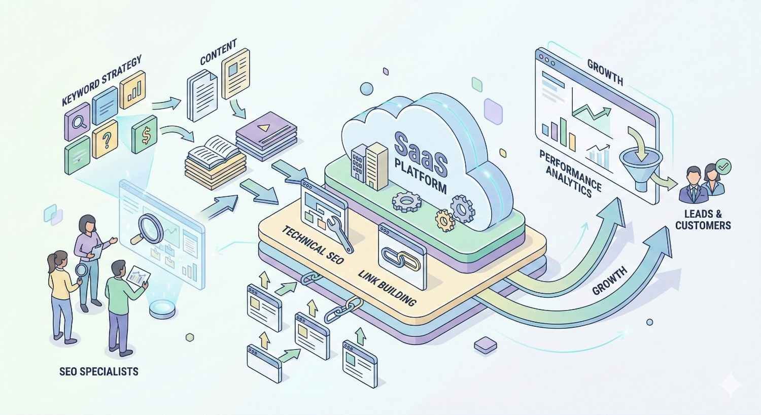 Isometric illustration of a SaaS platform powered by technical SEO and link building, with SEO specialists feeding keyword strategy and content, arrows flowing to performance analytics, growth dashboards, and leads and customers, represented by cloud servers, charts, documents, gears, and upward trend icons.