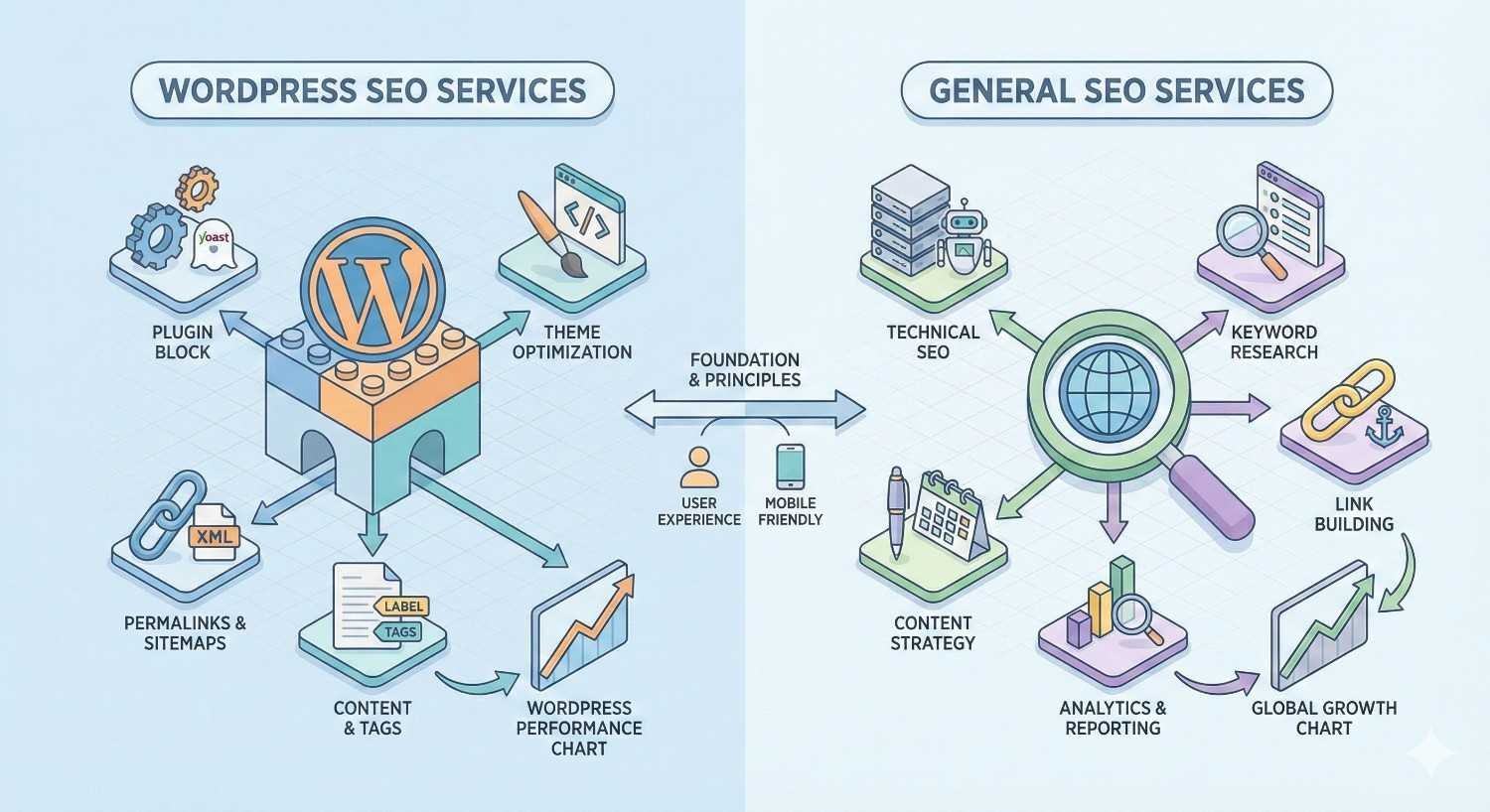 Split infographic comparing WordPress SEO services and general SEO services, showing WordPress-specific elements like plugins, themes, permalinks, and tags versus technical SEO, keyword research, links, analytics, and growth charts, with shared foundations of user experience and mobile friendliness.