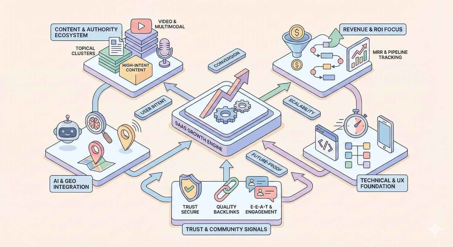 Isometric diagram of a SaaS growth engine connected to content and authority, AI integration, trust signals, technical UX foundations, and revenue tracking, with arrows showing scalability and conversion, plus icons for video, clusters, backlinks, E-E-A-T, analytics funnels, and ROI dashboards.