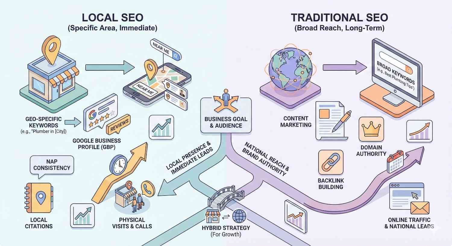 Split infographic comparing local SEO and traditional SEO. Local focuses on geo keywords, Google Business Profile, reviews, and immediate leads, while traditional targets broad keywords, content marketing, backlinks, domain authority, and national traffic, with a hybrid strategy connecting both for growth.