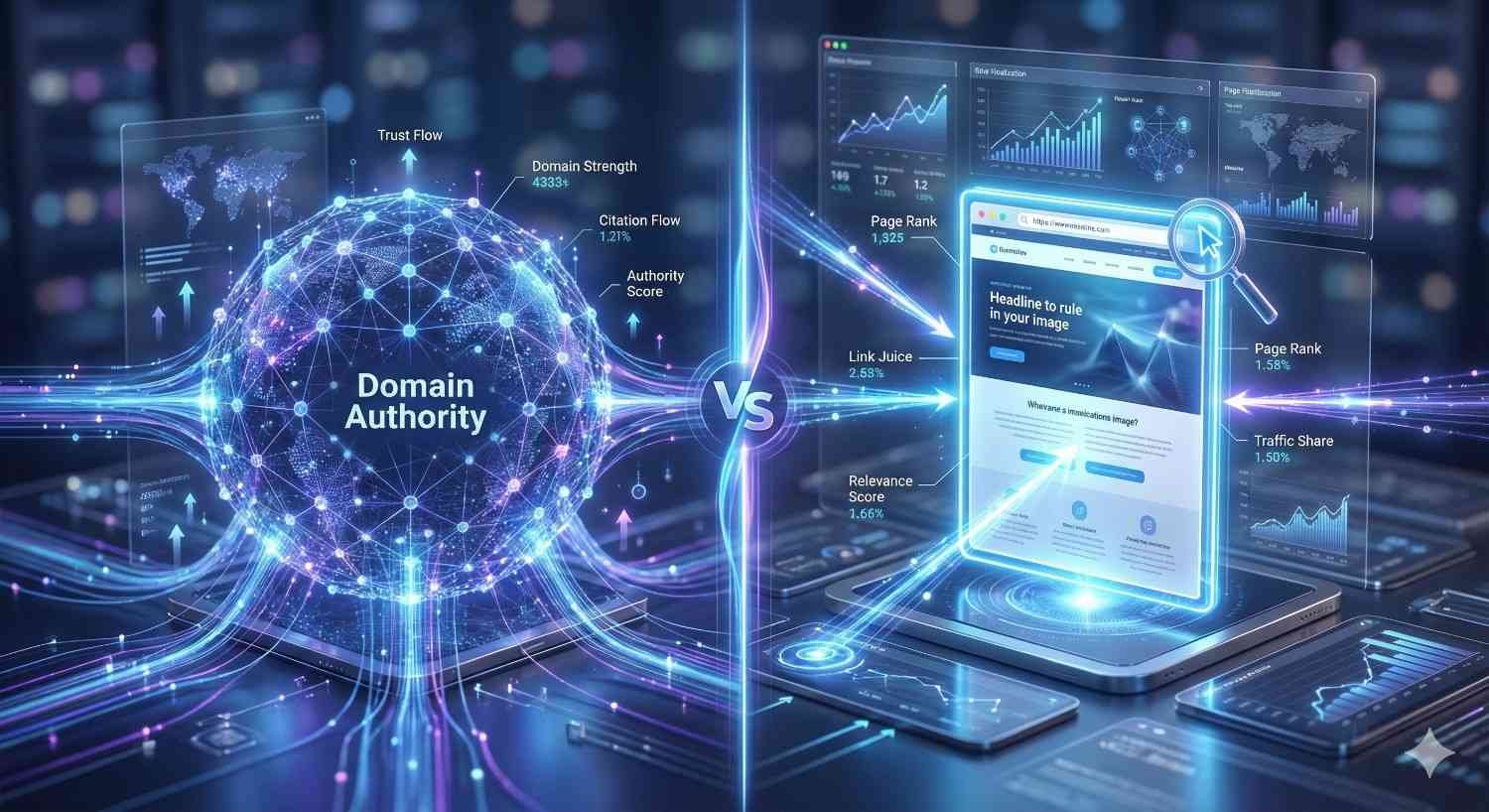 A split-screen digital illustration compares “Domain Authority” on the left—shown as a glowing connected globe with metrics like trust flow, citation flow, and link juice—against a single webpage dashboard on the right with page rank, traffic share, and analytics charts, separated by a bright “VS” divider.