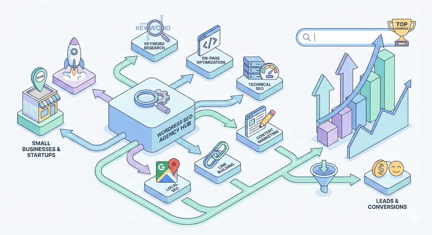 Isometric diagram showing a “WordPress SEO Agency Hub” connected to keyword research, on-page optimization, technical SEO, content marketing, link building, and local SEO, serving small businesses and startups, with arrows leading to rising rankings, a trophy, and increased leads and conversions.