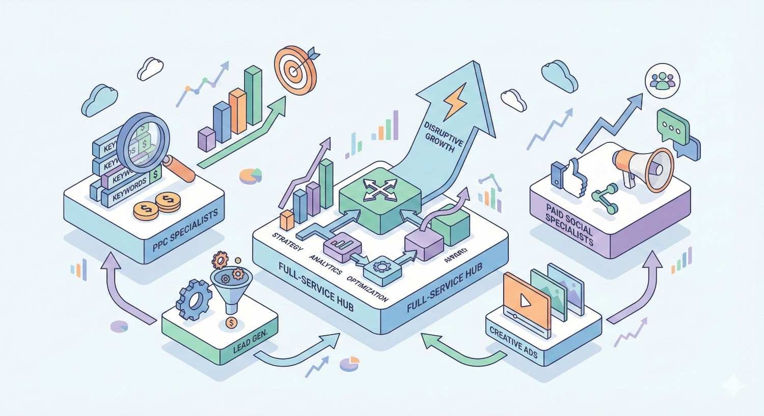 Isometric marketing infographic showing a full-service hub combining strategy, analytics, and optimization, connected to PPC specialists, paid social teams, creative ads, and lead generation, all driving disruptive growth with upward arrows, charts, targets, and engagement icons.